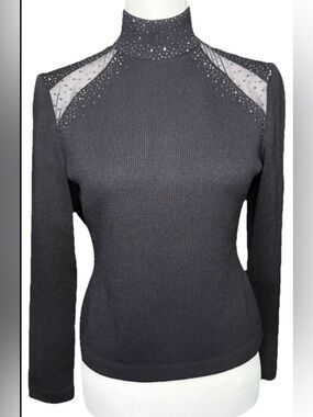 St John Evening Rhinestone Black Knit Top Mesh Shoulder Mock Neck Size 2